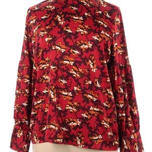 Ann Taylor Red and Black Long Sleeve Blouse with Mandarin Collar
